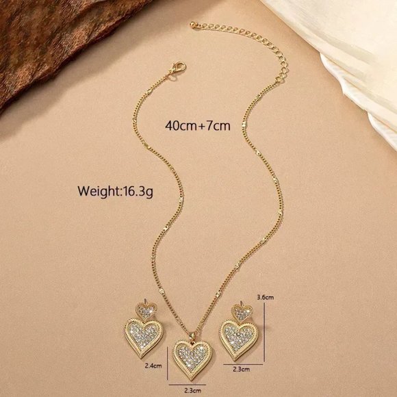 3/$35 14K Gold Plated Jewelry Set Heart Necklace Drop Earrings Cubic Zirconia - Picture 4 of 6